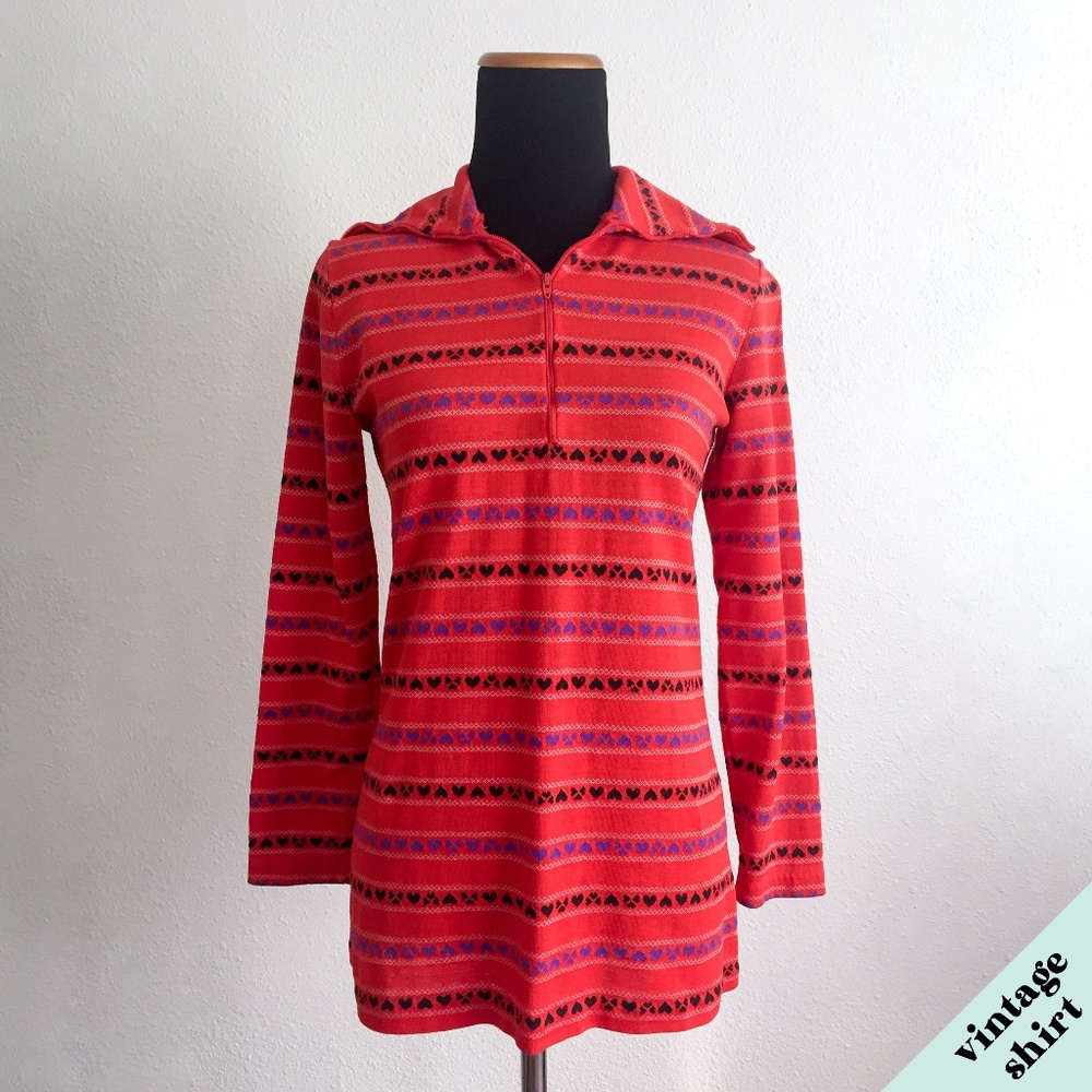 VINTAGE 70's Cute Red Hearts Long Sleeve Shirt